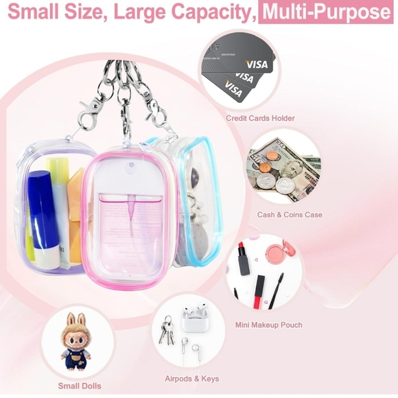 Transparent Zippered Pouches With Snap Hook For Hand Sanitizer, Make Up, Earbuds - Picture 3 of 12